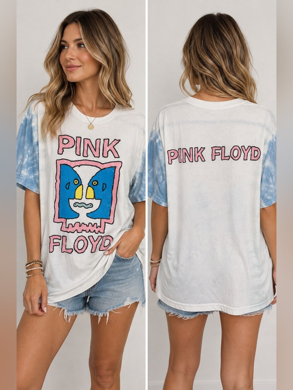Pink Floyd Graphic Tee Blue Tie Dye Sleeve Oversized Band T-Shirt